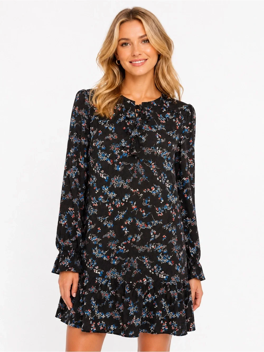 NWOT Veronica Beard Preston Silk Size 6 Black Floral Ruffle Long-Sleeve Dress - Picture 1 of 12